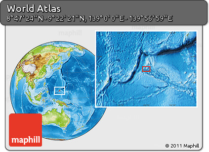 Physical Location Map of the Area around 9° 4' 52" N, 139° 28' 29" E
