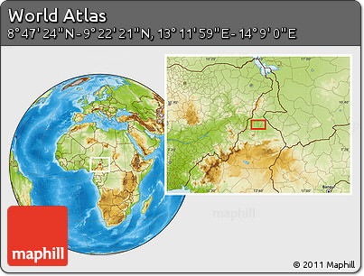 Physical Location Map of the Area around 9° 4' 52" N, 13° 40' 30" E