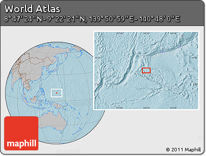Gray Location Map of the Area around 9° 4' 52" N, 140° 19' 29" E, hill shading