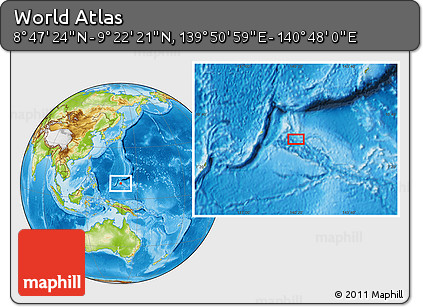 Physical Location Map of the Area around 9° 4' 52" N, 140° 19' 29" E