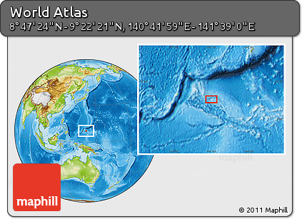 Physical Location Map of the Area around 9° 4' 52" N, 141° 10' 30" E