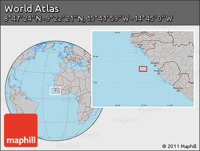 Gray Location Map of the Area around 9° 4' 52" N, 15° 13' 29" W