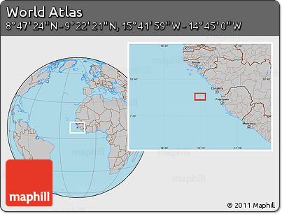 Gray Location Map of the Area around 9° 4' 52" N, 15° 13' 29" W