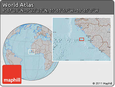 Gray Location Map of the Area around 9° 4' 52" N, 15° 13' 29" W, hill shading