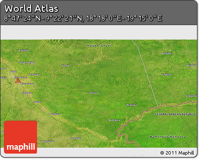Satellite 3D Map of the Area around 9° 4' 52" N, 18° 46' 29" E