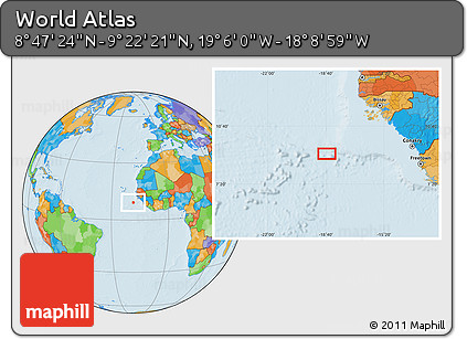 Political Location Map of the Area around 9° 4' 52" N, 18° 37' 30" W