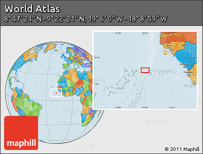 Political Location Map of the Area around 9° 4' 52" N, 18° 37' 30" W