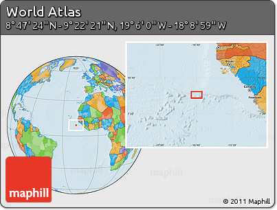 Political Location Map of the Area around 9° 4' 52" N, 18° 37' 30" W