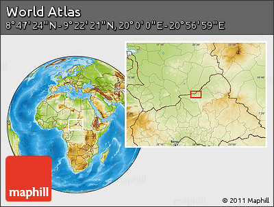 Physical Location Map of the Area around 9° 4' 52" N, 20° 28' 30" E