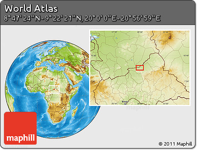 Physical Location Map of the Area around 9° 4' 52" N, 20° 28' 30" E