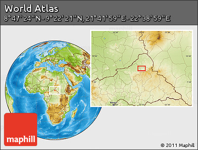 Physical Location Map of the Area around 9° 4' 52" N, 22° 10' 29" E