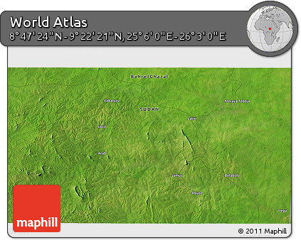 Satellite 3D Map of the Area around 9° 4' 52" N, 25° 34' 30" E
