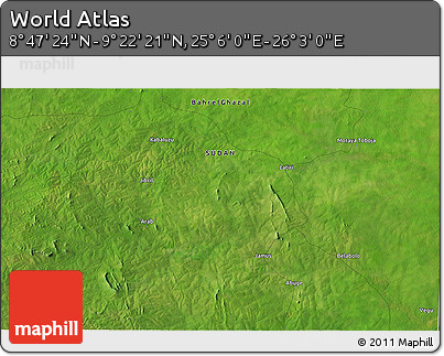 Satellite 3D Map of the Area around 9° 4' 52" N, 25° 34' 30" E