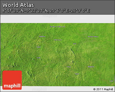 Satellite 3D Map of the Area around 9° 4' 52" N, 25° 34' 30" E