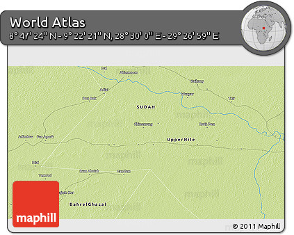 Physical 3D Map of the Area around 9° 4' 52" N, 28° 58' 30" E