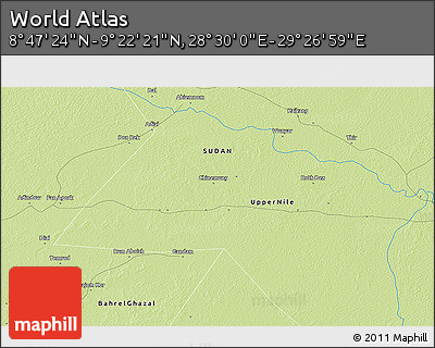 Physical 3D Map of the Area around 9° 4' 52" N, 28° 58' 30" E