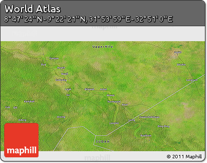 Satellite 3D Map of the Area around 9° 4' 52" N, 32° 22' 30" E