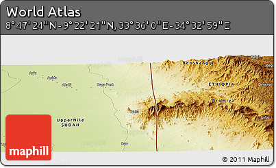 Physical Panoramic Map of the Area around 9° 4' 52" N, 34° 4' 30" E