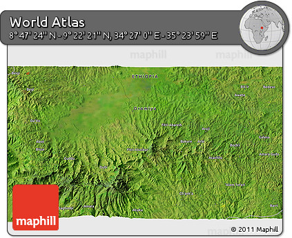 Satellite 3D Map of the Area around 9° 4' 52" N, 34° 55' 29" E