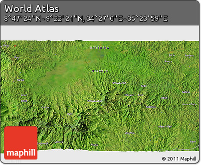Satellite 3D Map of the Area around 9° 4' 52" N, 34° 55' 29" E