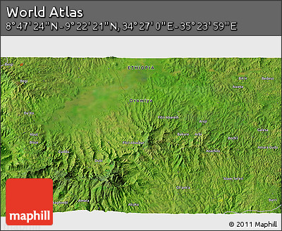 Satellite 3D Map of the Area around 9° 4' 52" N, 34° 55' 29" E