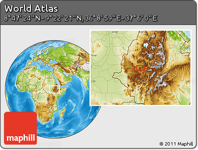 Physical Location Map of the Area around 9° 4' 52" N, 36° 37' 30" E