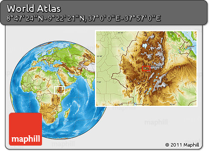 Physical Location Map of the Area around 9° 4' 52" N, 37° 28' 30" E