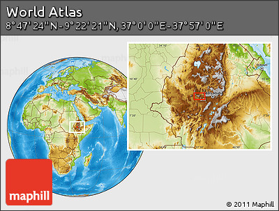 Physical Location Map of the Area around 9° 4' 52" N, 37° 28' 30" E