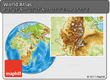 Physical Location Map of the Area around 9° 4' 52" N, 38° 19' 30" E