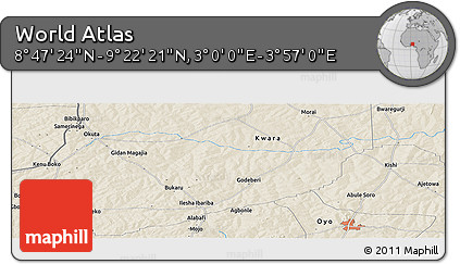 Shaded Relief Panoramic Map of the Area around 9° 4' 52" N, 3° 28' 30" E
