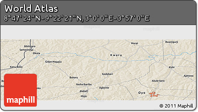 Shaded Relief Panoramic Map of the Area around 9° 4' 52" N, 3° 28' 30" E