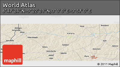 Shaded Relief Panoramic Map of the Area around 9° 4' 52" N, 3° 28' 30" E