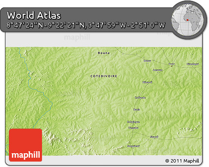 Physical 3D Map of the Area around 9° 4' 52" N, 3° 19' 30" W