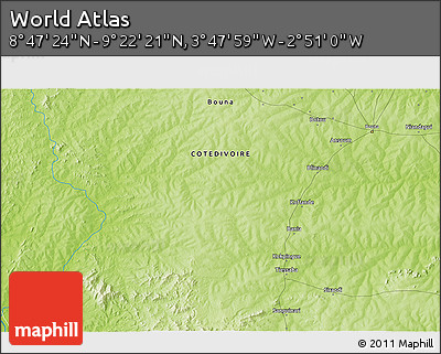Physical 3D Map of the Area around 9° 4' 52" N, 3° 19' 30" W