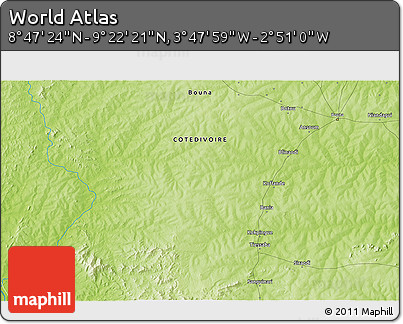 Physical 3D Map of the Area around 9° 4' 52" N, 3° 19' 30" W