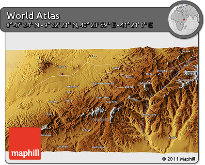 Physical 3D Map of the Area around 9° 4' 52" N, 40° 52' 30" E