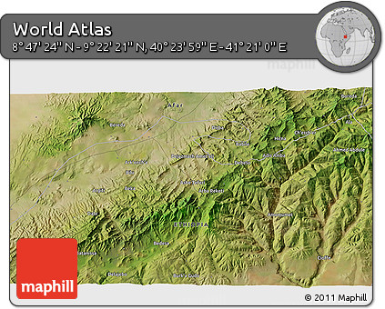 Satellite 3D Map of the Area around 9° 4' 52" N, 40° 52' 30" E