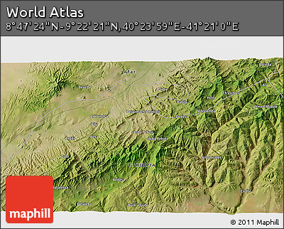 Satellite 3D Map of the Area around 9° 4' 52" N, 40° 52' 30" E