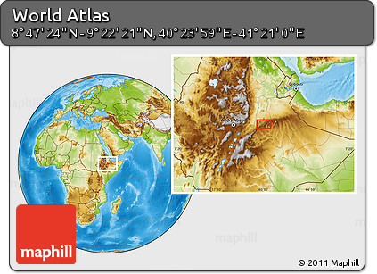 Physical Location Map of the Area around 9° 4' 52" N, 40° 52' 30" E