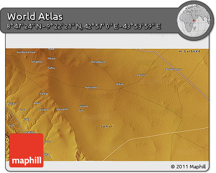 Physical 3D Map of the Area around 9° 4' 52" N, 43° 25' 29" E