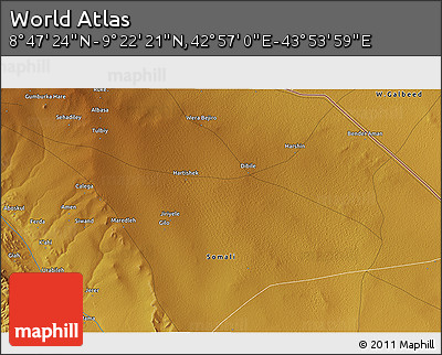 Physical 3D Map of the Area around 9° 4' 52" N, 43° 25' 29" E