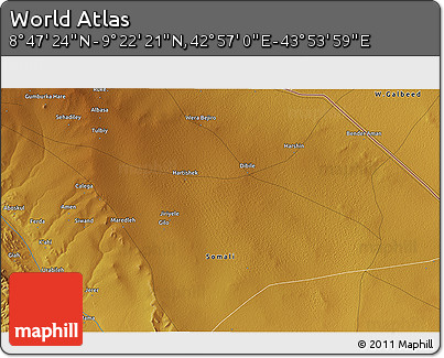 Physical 3D Map of the Area around 9° 4' 52" N, 43° 25' 29" E