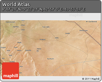 Satellite 3D Map of the Area around 9° 4' 52" N, 43° 25' 29" E