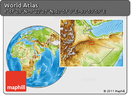 Physical Location Map of the Area around 9° 4' 52" N, 43° 25' 29" E