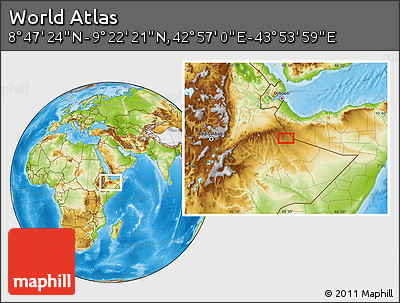 Physical Location Map of the Area around 9° 4' 52" N, 43° 25' 29" E