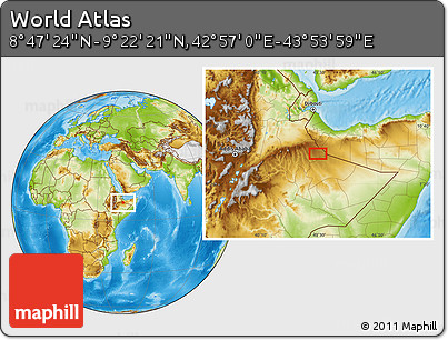 Physical Location Map of the Area around 9° 4' 52" N, 43° 25' 29" E