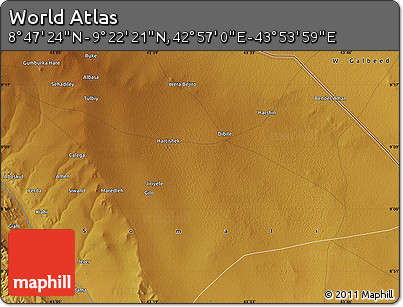 Physical Map of the Area around 9° 4' 52" N, 43° 25' 29" E