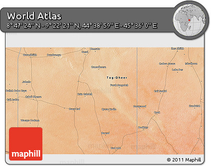 Satellite 3D Map of the Area around 9° 4' 52" N, 45° 7' 30" E