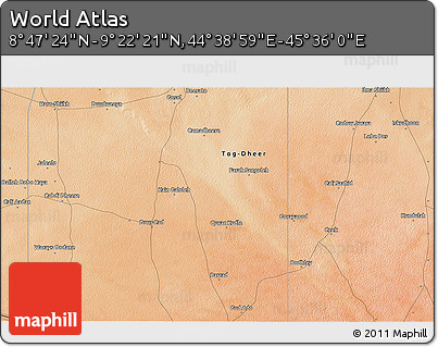 Satellite 3D Map of the Area around 9° 4' 52" N, 45° 7' 30" E