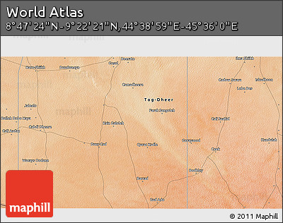 Satellite 3D Map of the Area around 9° 4' 52" N, 45° 7' 30" E
